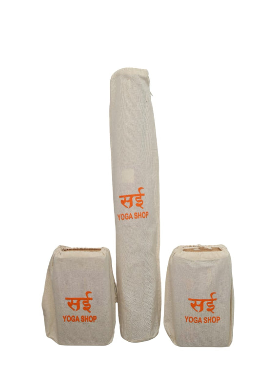Sai Yoga Shop Complete Yoga Combo Kit 1 – Travel Mat, 9ft Organic Strap & 2 Cork Blocks with Carry Bag