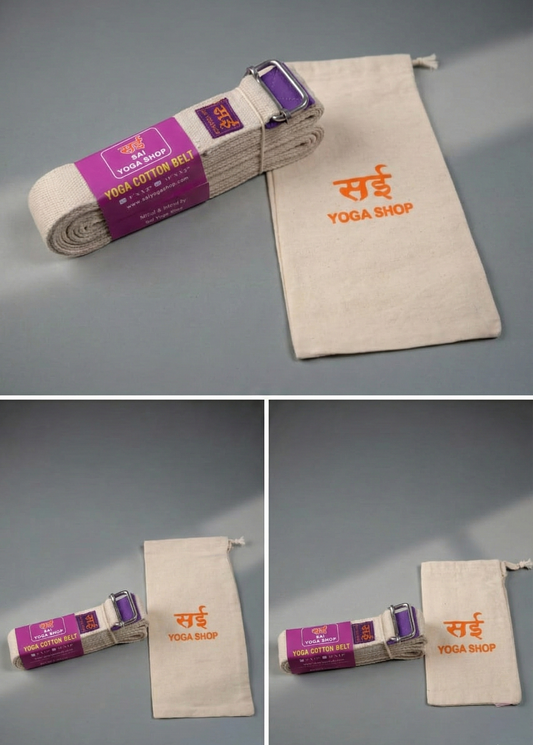 Yoga strap with purple label and beige pouch on a gray background, featuring 'Surya Yoga Shop' branding.