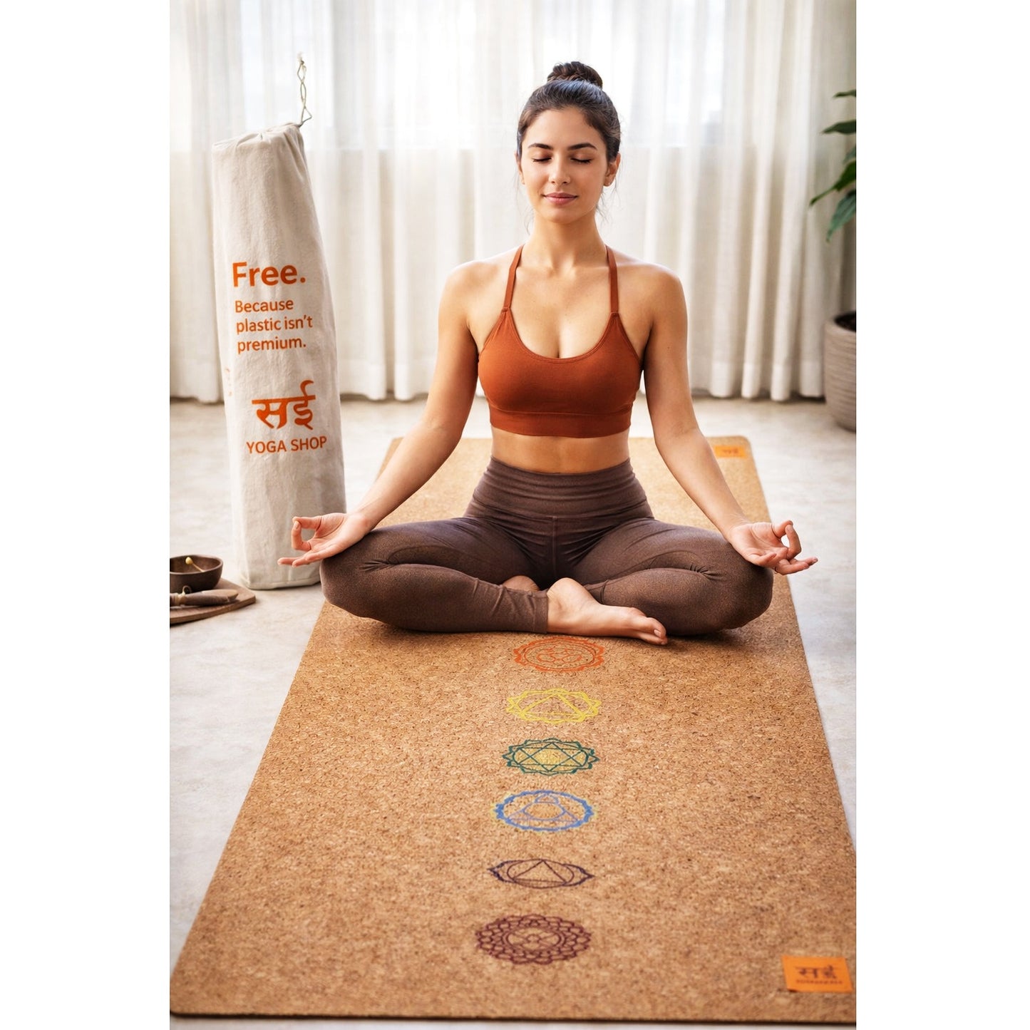 Sai Yoga Shop Cork Yoga Travel Mat (2MM) with Cotton Carry Bag