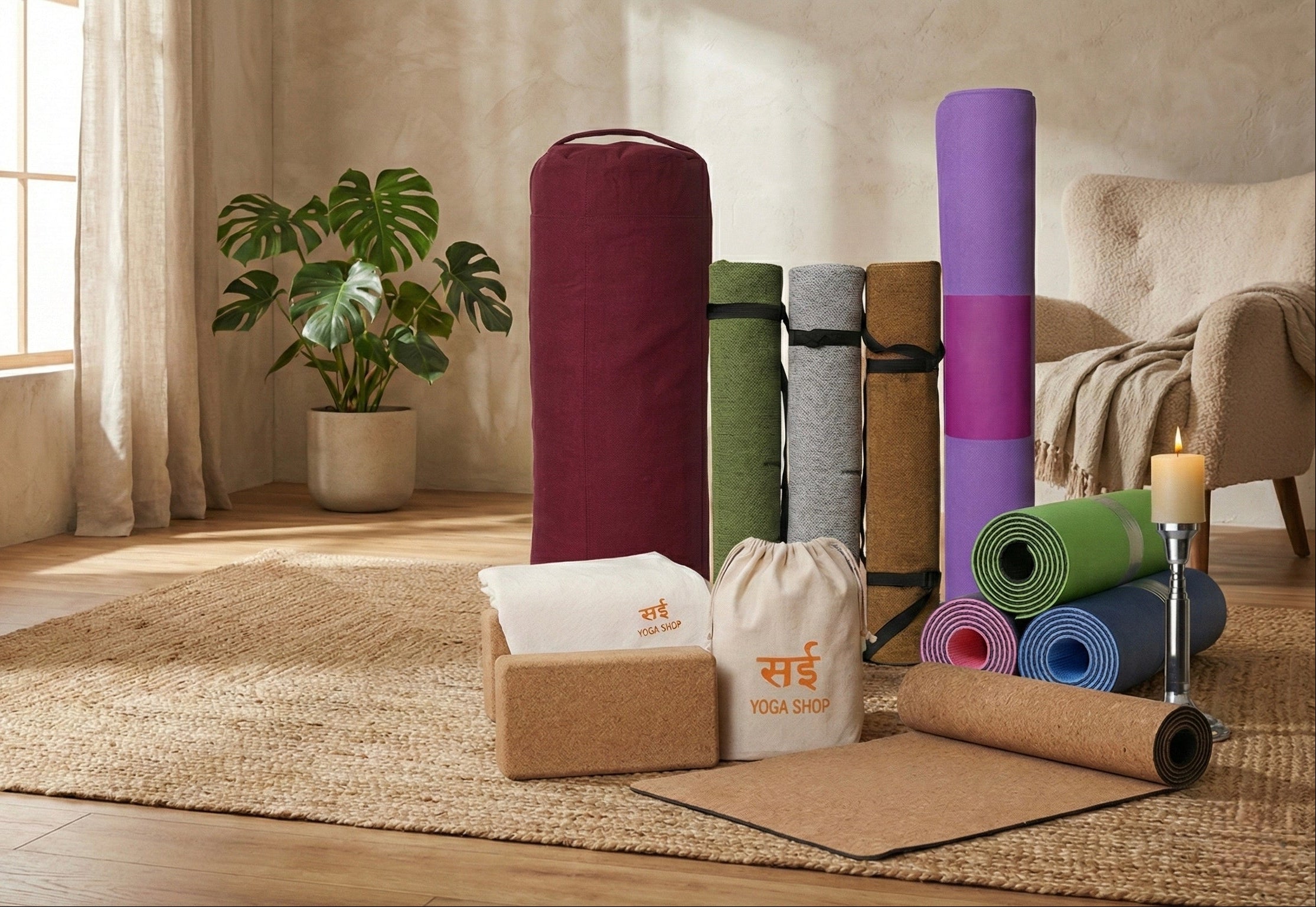 Yoga mats and accessories on a wooden floor with a plant and window in the background