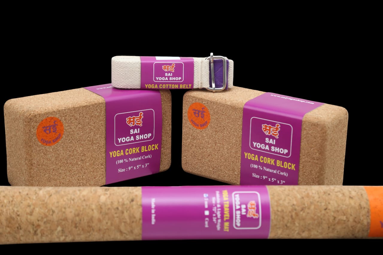 Sai Yoga Shop Complete Yoga Combo Kit 1 – Travel Mat, 9ft Organic Strap & 2 Cork Blocks with Carry Bag