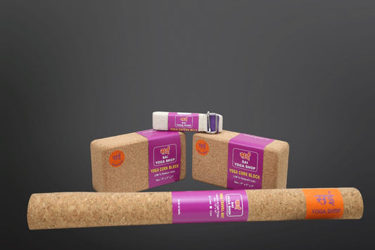 Sai Yoga Shop Complete Yoga Combo Kit 1 – Travel Mat, 9ft Organic Strap & 2 Cork Blocks with Carry Bag