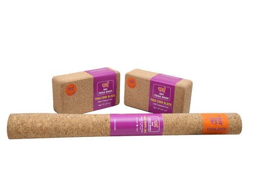 Sai Yoga Shop Eco-Friendly Yoga Combo 2– Travel Mat & 2 Cork Blocks with Carry Bag