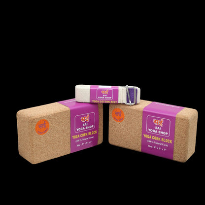 Sai Yoga Shop Eco-Friendly Yoga Props Combo 3– 9ft Organic Cotton Strap & 2 Cork Blocks