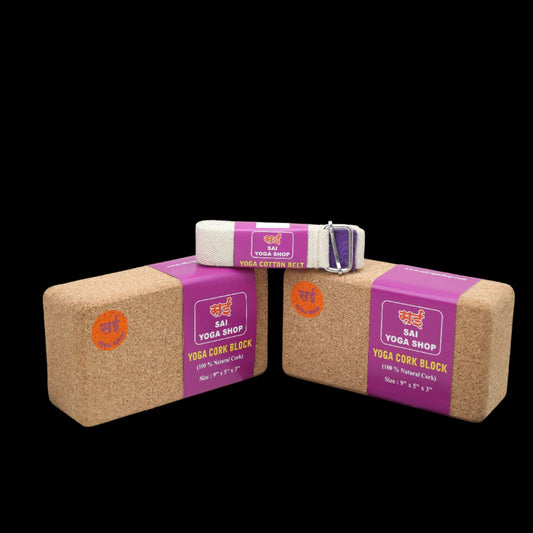 Sai Yoga Shop Eco-Friendly Yoga Props Combo 3– 9ft Organic Cotton Strap & 2 Cork Blocks